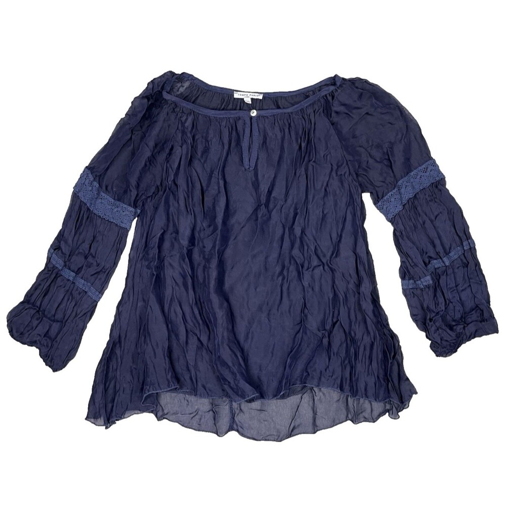 Tempo Paris Womens M/L Blue Solid Lightweight Woven Round Neck 3/4 Puff Blouse